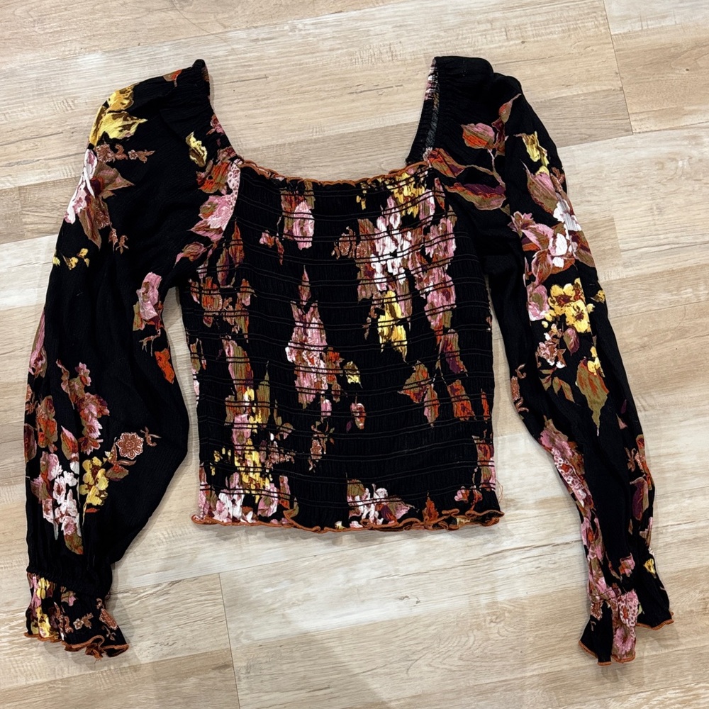 Floral Black and Pink Women square neck or off shoulder smocked crop top